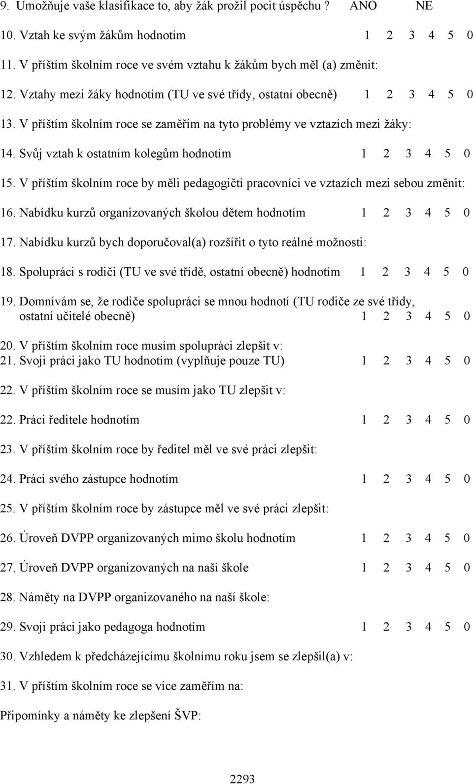 Svůj vztah k ostatním kolegům hodnotím 1 2 3 4 5 0 15. V příštím školním roce by měli pedagogičtí pracovníci ve vztazích mezi sebou změnit: 16.