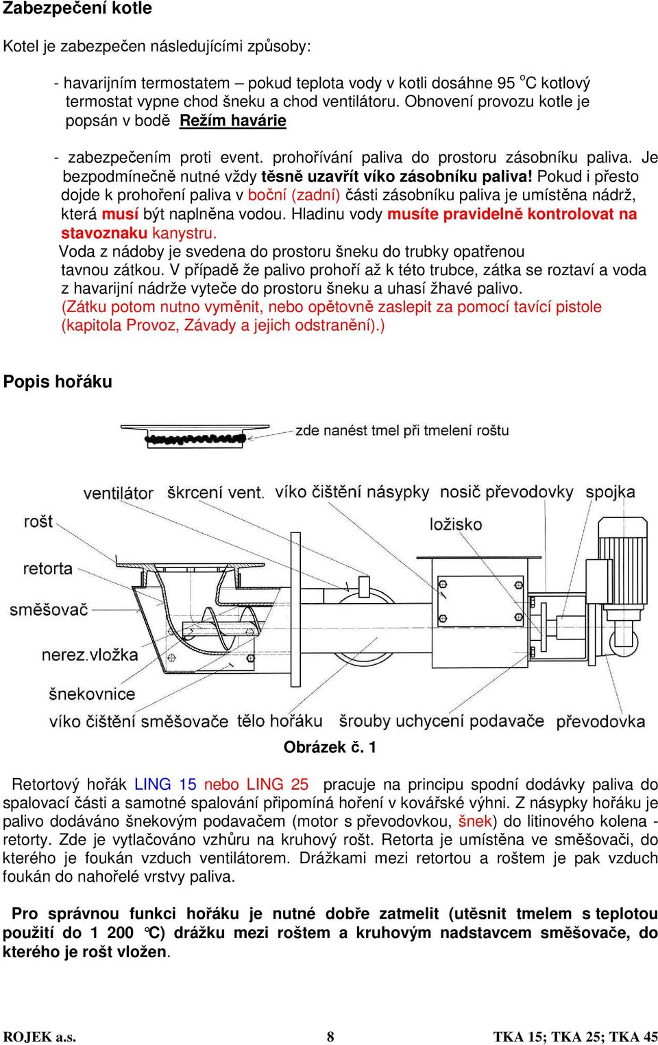 Pokud i přesto dojde k prohoření paliva v boční (zadní) části zásobníku paliva je umístěna nádrž, která musí být naplněna vodou. Hladinu vody musíte pravidelně kontrolovat na stavoznaku kanystru.