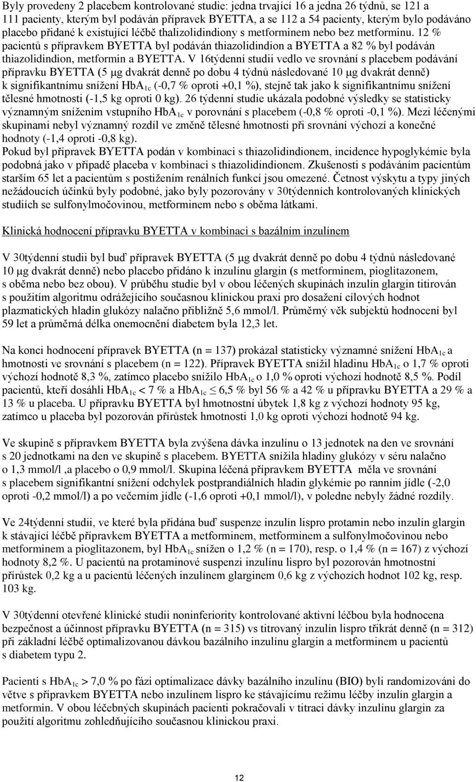 12 % pacientů s přípravkem BYETTA byl podáván thiazolidindion a BYETTA a 82 % byl podáván thiazolidindion, metformin a BYETTA.