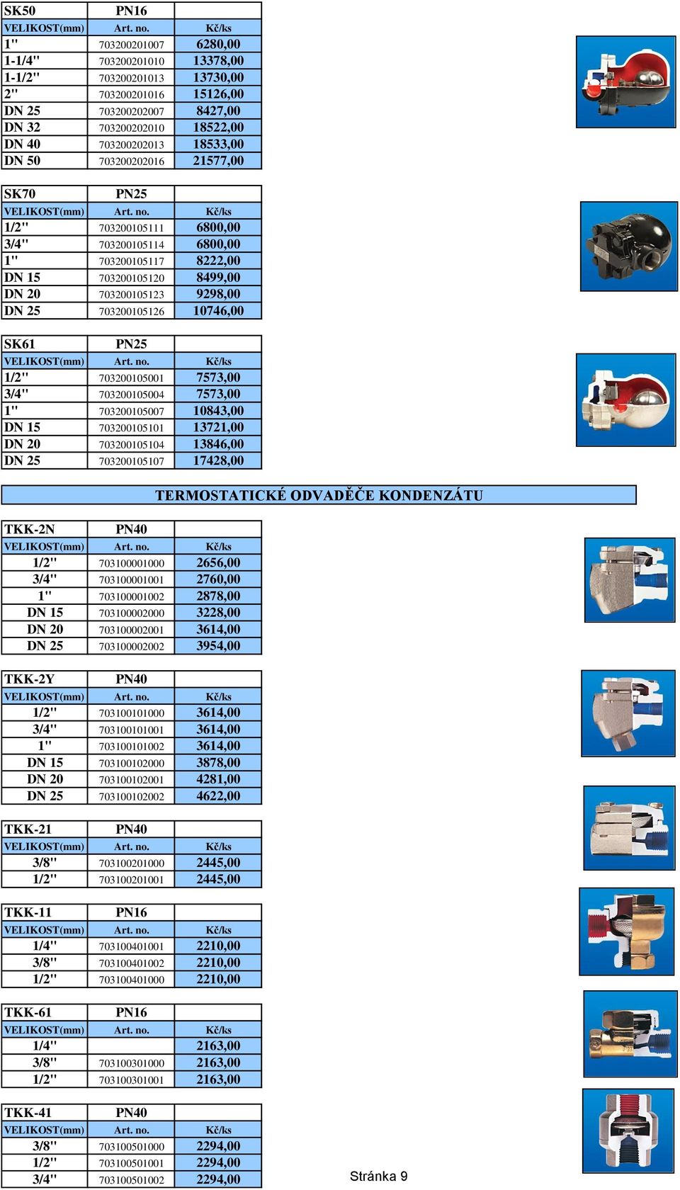 SK61 PN25 1/2" 703200105001 7573,00 3/4" 703200105004 7573,00 1" 703200105007 10843,00 DN 15 703200105101 13721,00 DN 20 703200105104 13846,00 DN 25 703200105107 17428,00 TKK-2N PN40 1/2"