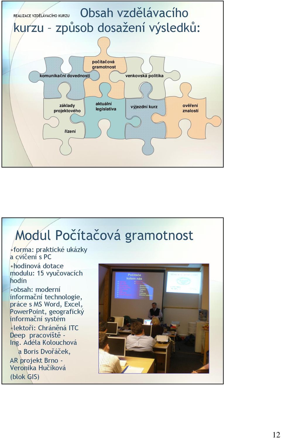 cvičení s PC hodinová dotace modulu: 15 vyučovacích hodin obsah: moderní informační technologie, práce s MS Word, Excel, PowerPoint,