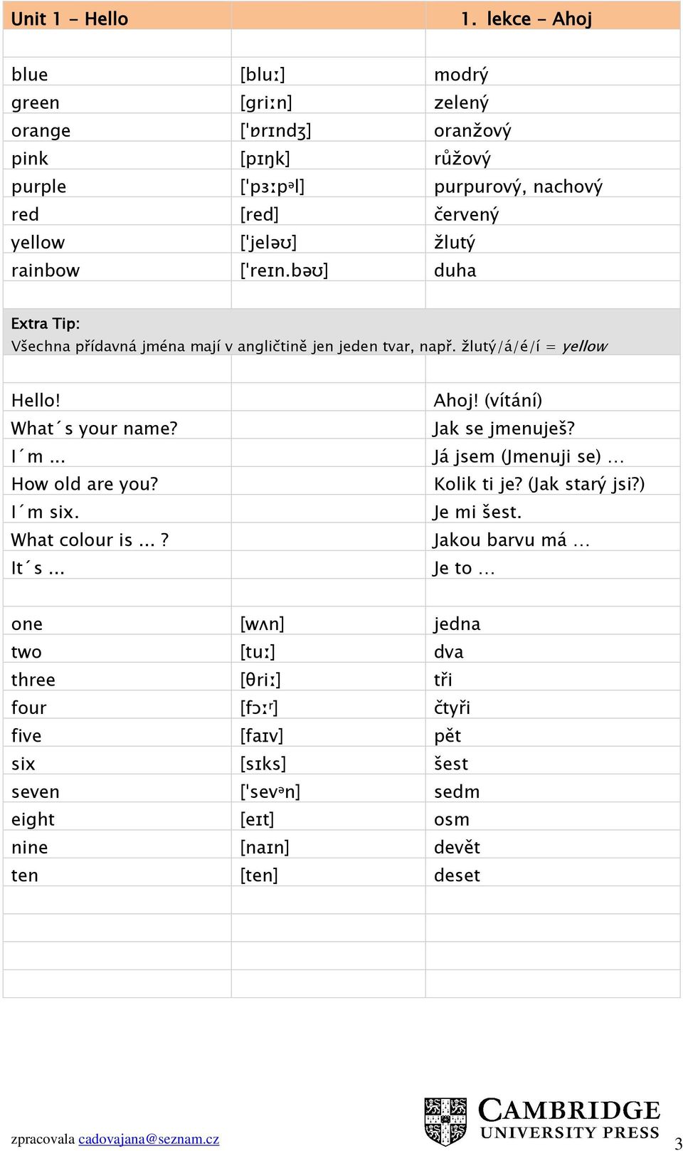 žlutý rainbow [ˈreɪn.bəʊ] duha Extra Tip: Všechna přídavná jména mají v angličtině jen jeden tvar, např. žlutý/á/é/í = yellow Hello! What s your name? I m.