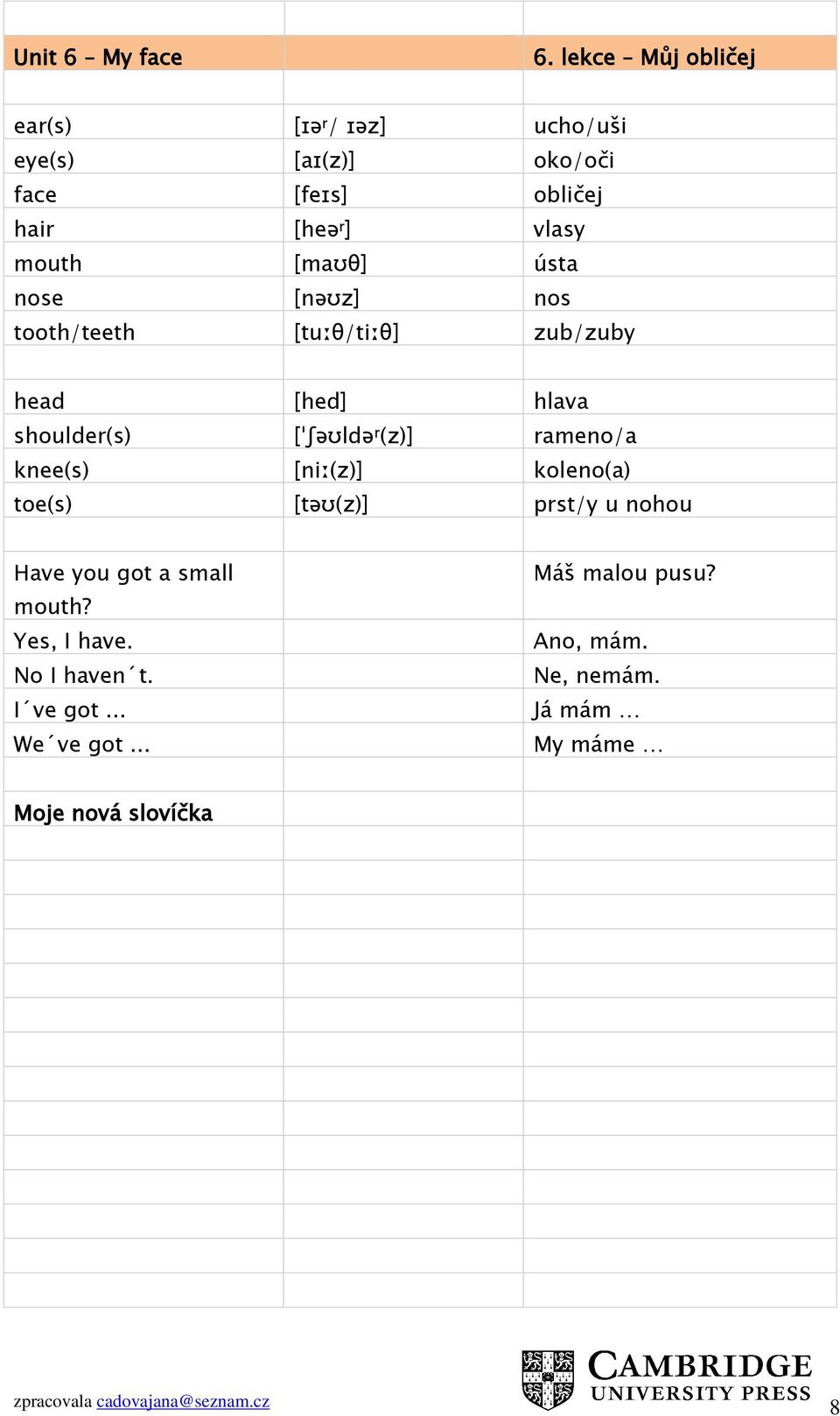 mouth [maʊθ] ústa nose [nəʊz] nos tooth/teeth [tuːθ/tiːθ] zub/zuby head [hed] hlava shoulder(s) [ˈʃəʊldə r