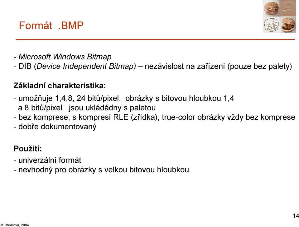 palety) Základní charakteristika: -umožňuje 1,4,8, 24 bitů/pixel, obrázky s bitovou hloubkou 1,4 a 8