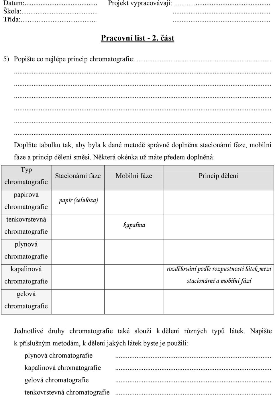 Některá okénka už máte předem doplněná: Typ Stacionární fáze Mobilní fáze Princip dělení papírová papír (celulóza) tenkovrstevná kapalina plynová kapalinová