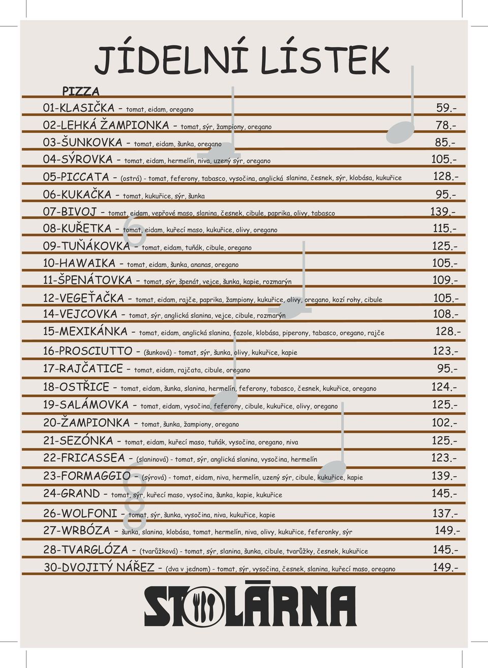 - 06-KUKAČKA - tomat, kukuřice, sýr, šunka 95.- 07-BIVOJ - tomat, eidam, vepřové maso, slanina, česnek, cibule, paprika, olivy, tabasco 139.