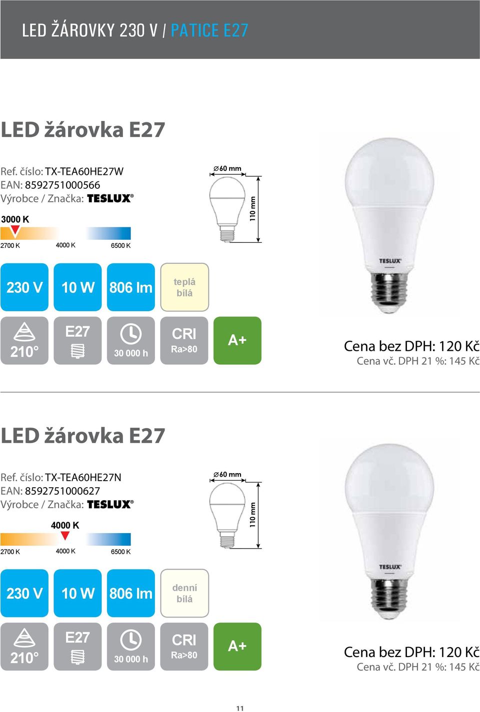 h Cena bez DPH: 120 Kč Cena vč. DPH 21 %: 145 Kč LED žárovka E27 Ref.