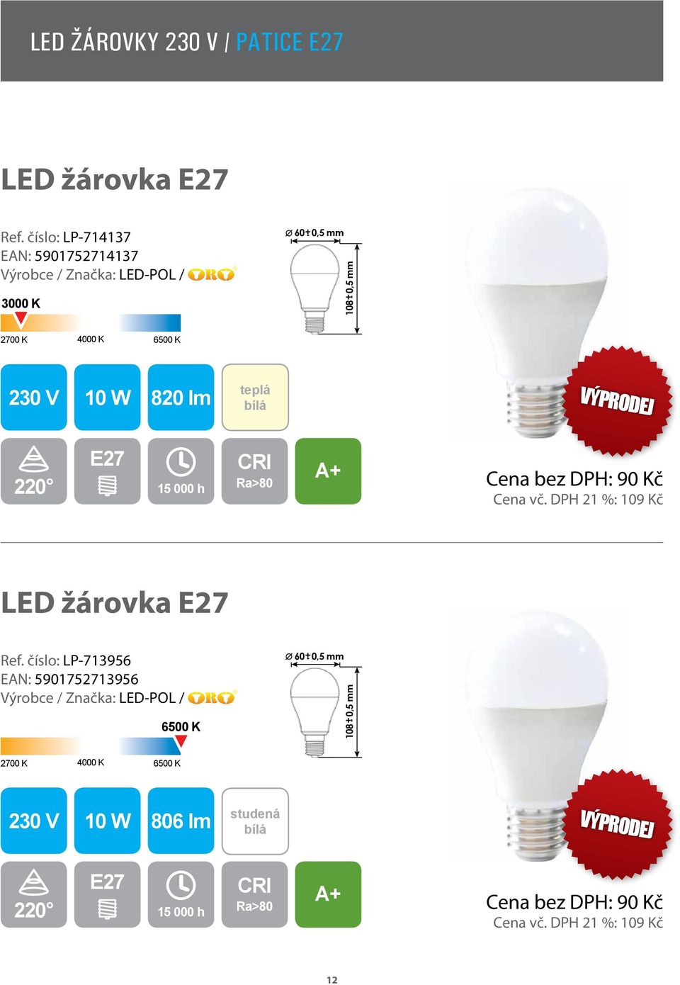 E27 Cena bez DPH: 90 Kč Cena vč. DPH 21 %: 109 Kč LED žárovka E27 Ref.