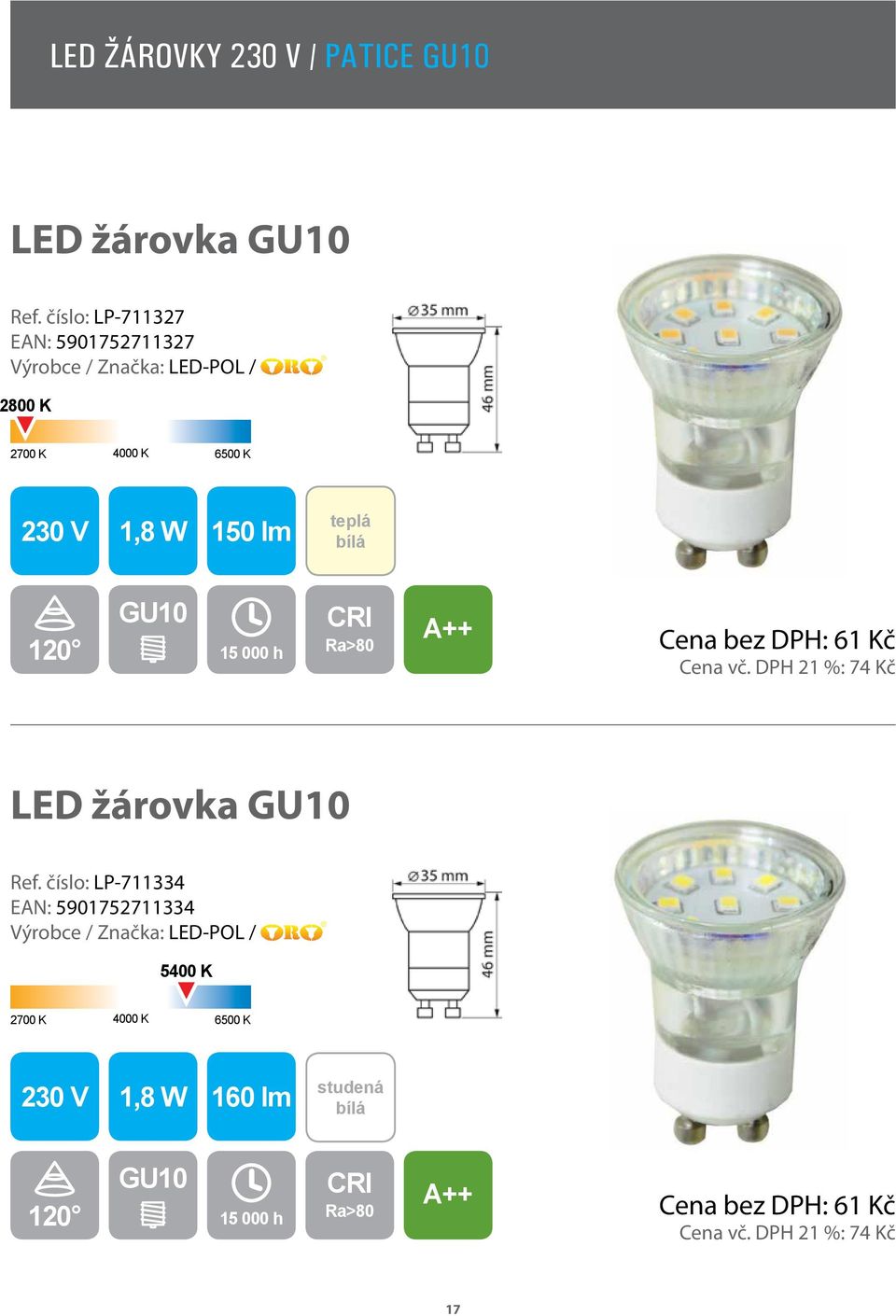 DPH: 61 Kč Cena vč. DPH 21 %: 74 Kč LED žárovka GU10 Ref.