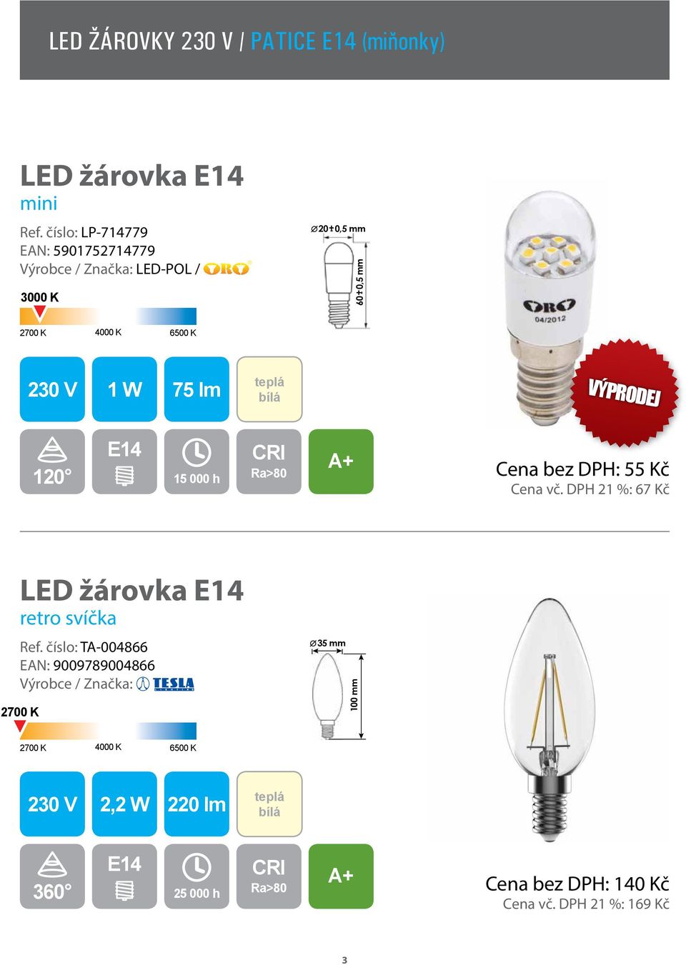 Cena bez DPH: 55 Kč Cena vč. DPH 21 %: 67 Kč LED žárovka E14 retro svíčka Ref.