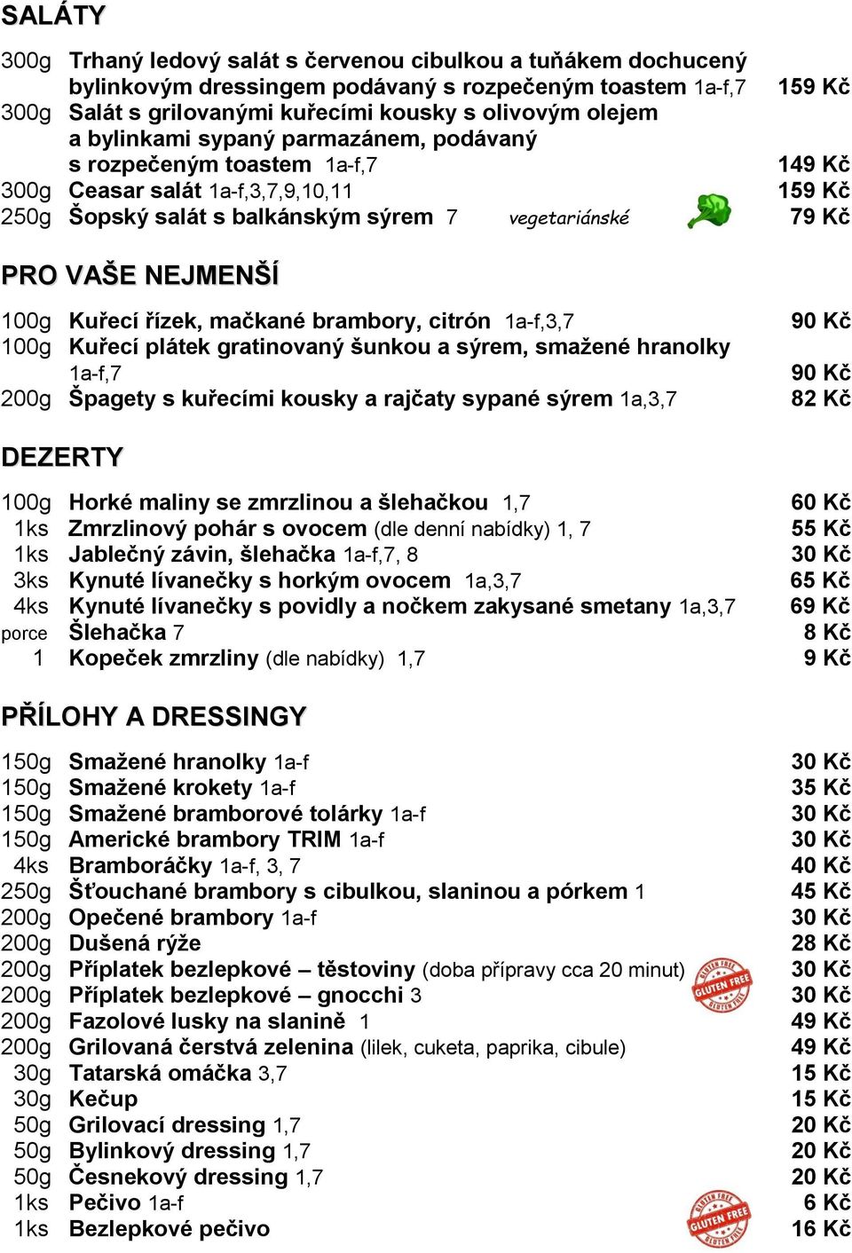 řízek, mačkané brambory, citrón 1a-f,3,7 100g Kuřecí plátek gratinovaný šunkou a sýrem, smažené hranolky 1a-f,7 200g Špagety s kuřecími kousky a rajčaty sypané sýrem 1a,3,7 90 Kč 90 Kč 82 Kč DEZERTY