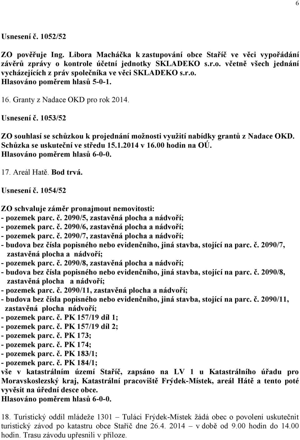 Schůzka se uskuteční ve středu 15.1.2014 v 16.00 hodin na OÚ. 17. Areál Hatě. Bod trvá. Usnesení č. 1054/52 ZO schvaluje záměr pronajmout nemovitosti: - pozemek parc. č. 2090/5, zastavěná plocha a nádvoří; - pozemek parc.