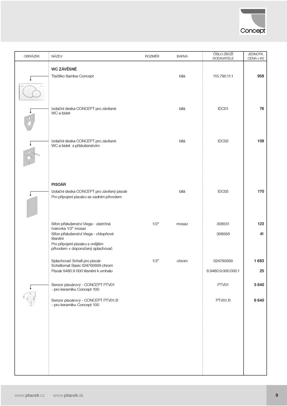 1 958 Izolační deska CONCEPT pro závěsné WC a bidet bílá IDC01 76 Izolační deska CONCEPT pro závěsné WC a bidet s příslušenstvím bílá IDC02 109 PISOÁR Izolační deska CONCEPT pro závěsný pisoár bílá