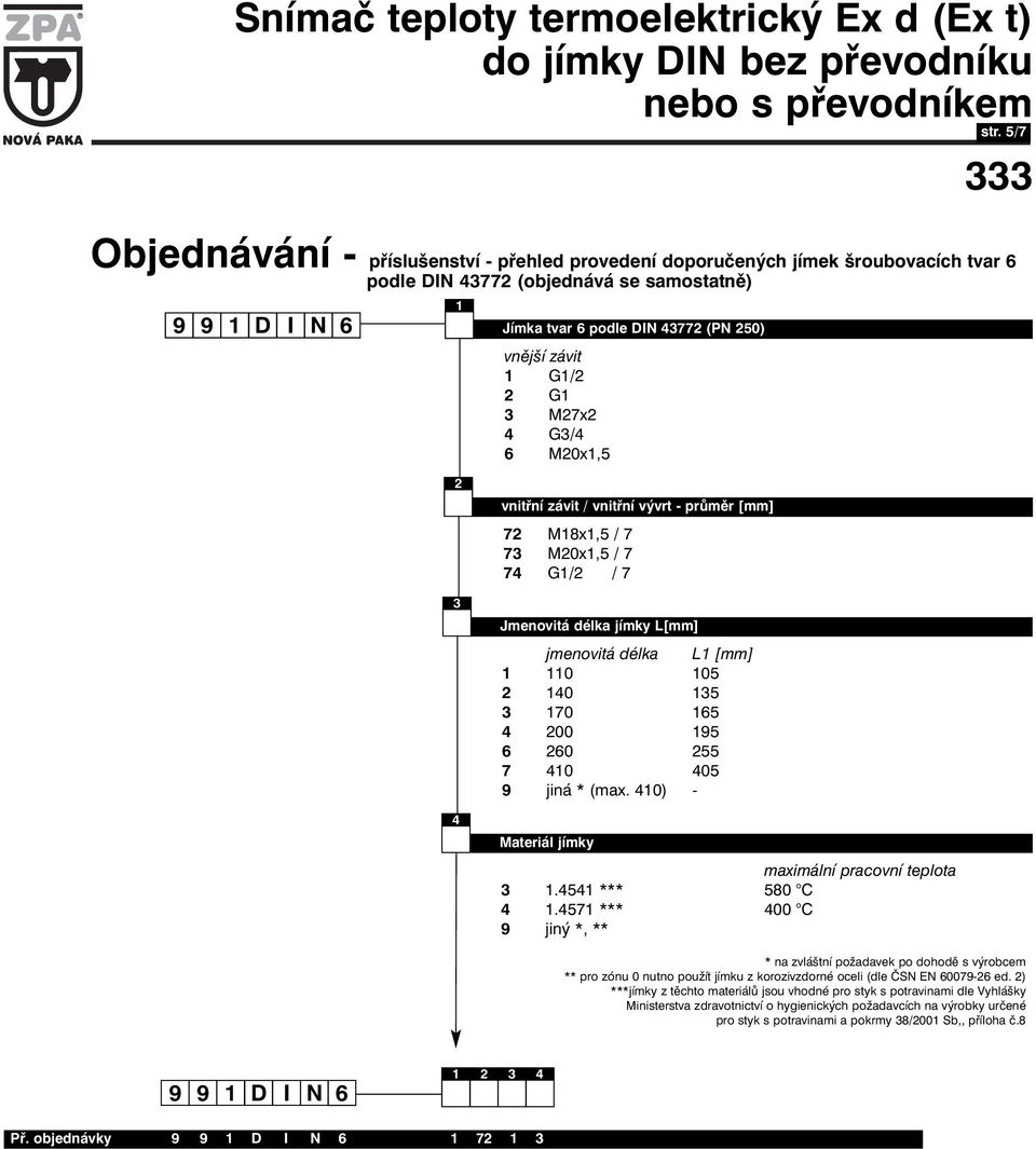 9 jiná * (max. 0) -.5 *** 580 C.57 *** 00 C 9 jiný *, ** ** pro zónu 0 nutno použít jímku z korozivzdorné oceli (dle ČSN EN 0079- ed.