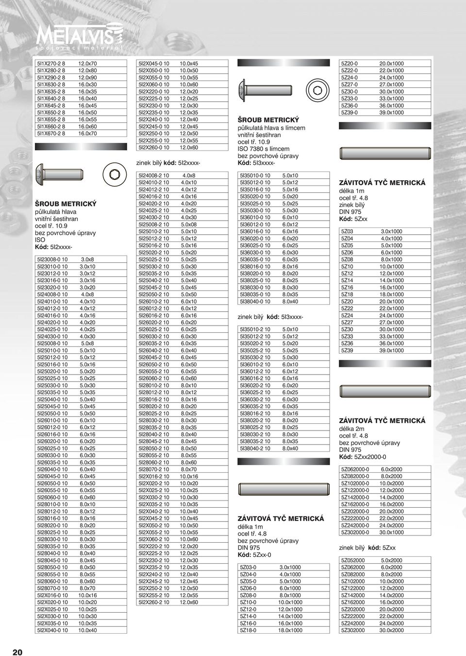 0x35 5I2X240-0 10 12.0x40 5I2X245-0 10 12.0x45 5I2X250-0 10 12.0x50 5I2X255-0 10 12.0x55 5I2X260-0 10 12.0x60 kód: 5I2xxxx- půlkulatá hlava s límcem ocel tř. 10.9 ISO 7380 s límcem Kód: 5I3xxxx- 5Z20-0 20.