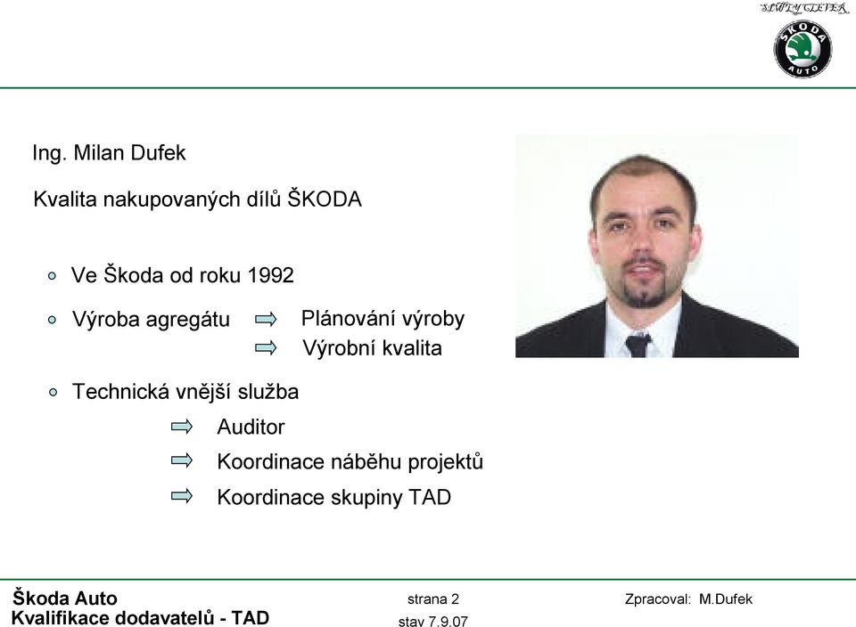 Výrobní kvalita Technická vnější služba Auditor