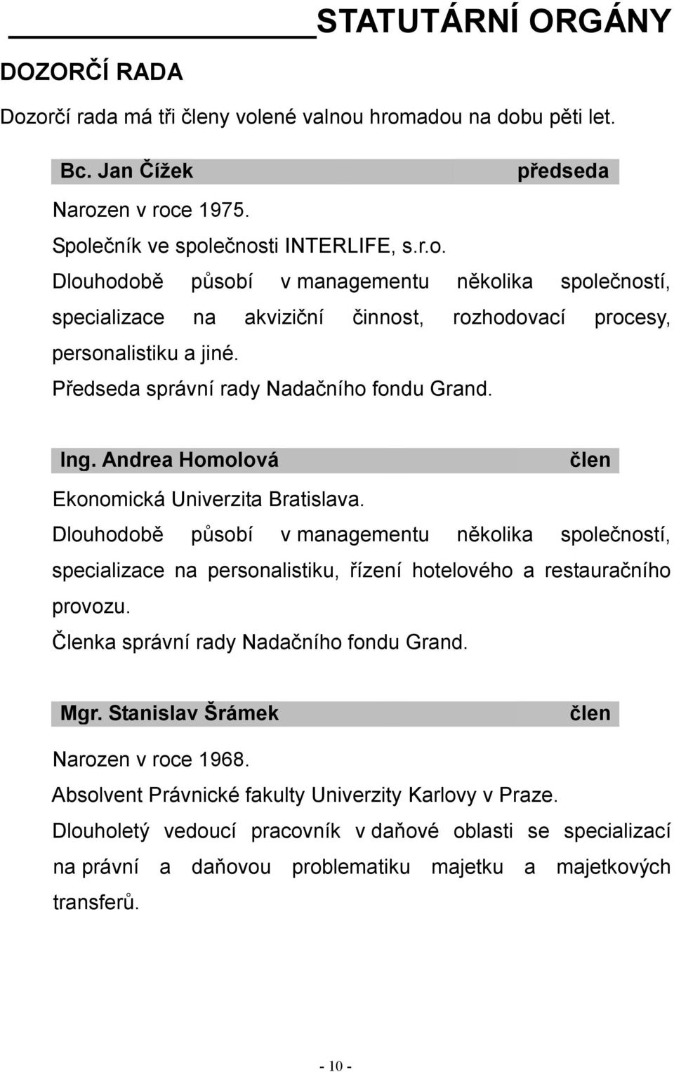 Dlouhodobě působí v managementu několika společností, specializace na personalistiku, řízení hotelového a restauračního provozu. Členka správní rady Nadačního fondu Grand. Mgr.