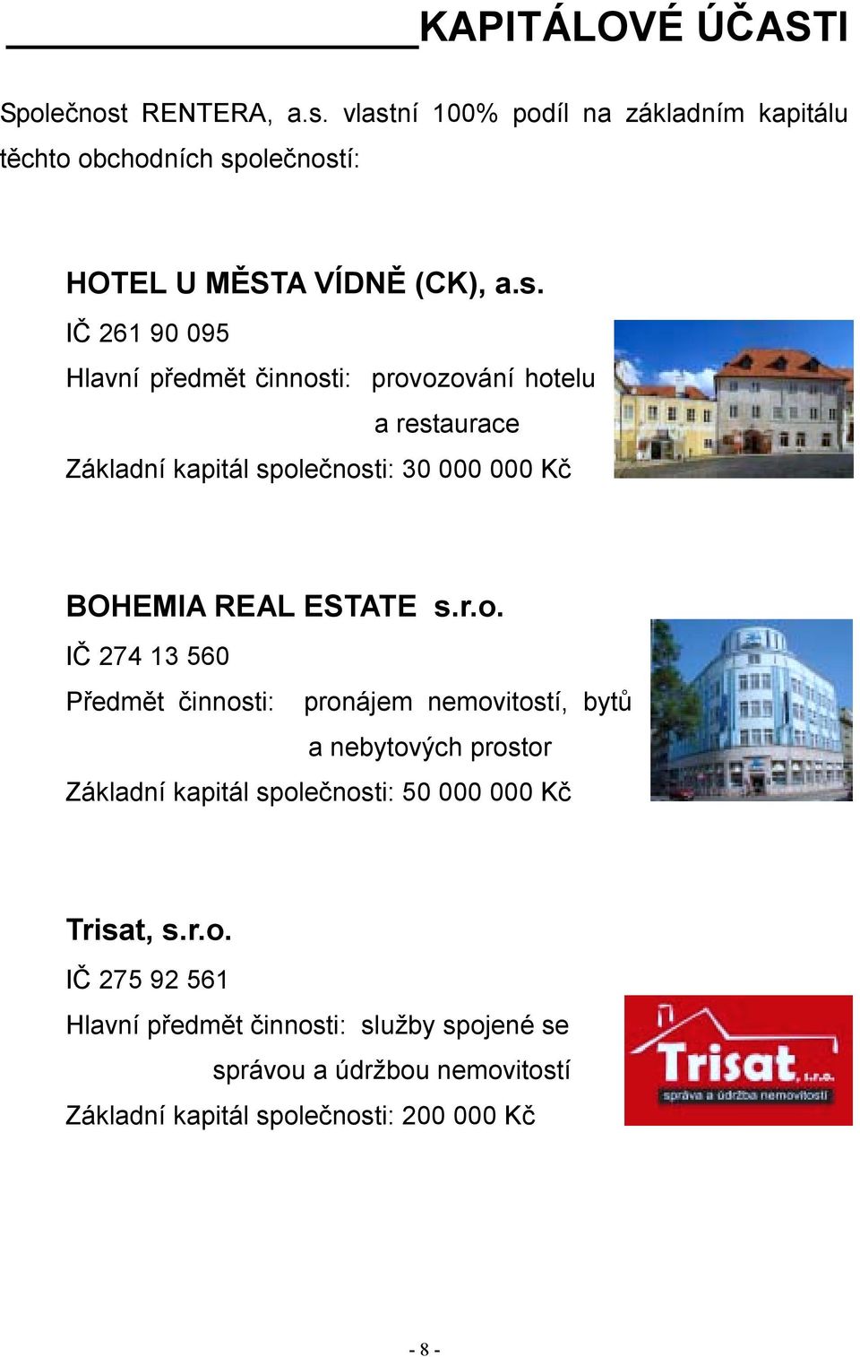 r.o. IČ 274 13 560 Předmět činnosti: pronájem nemovitostí, bytů a nebytových prostor Základní kapitál společnosti: 50 000 000 Kč Trisat, s.