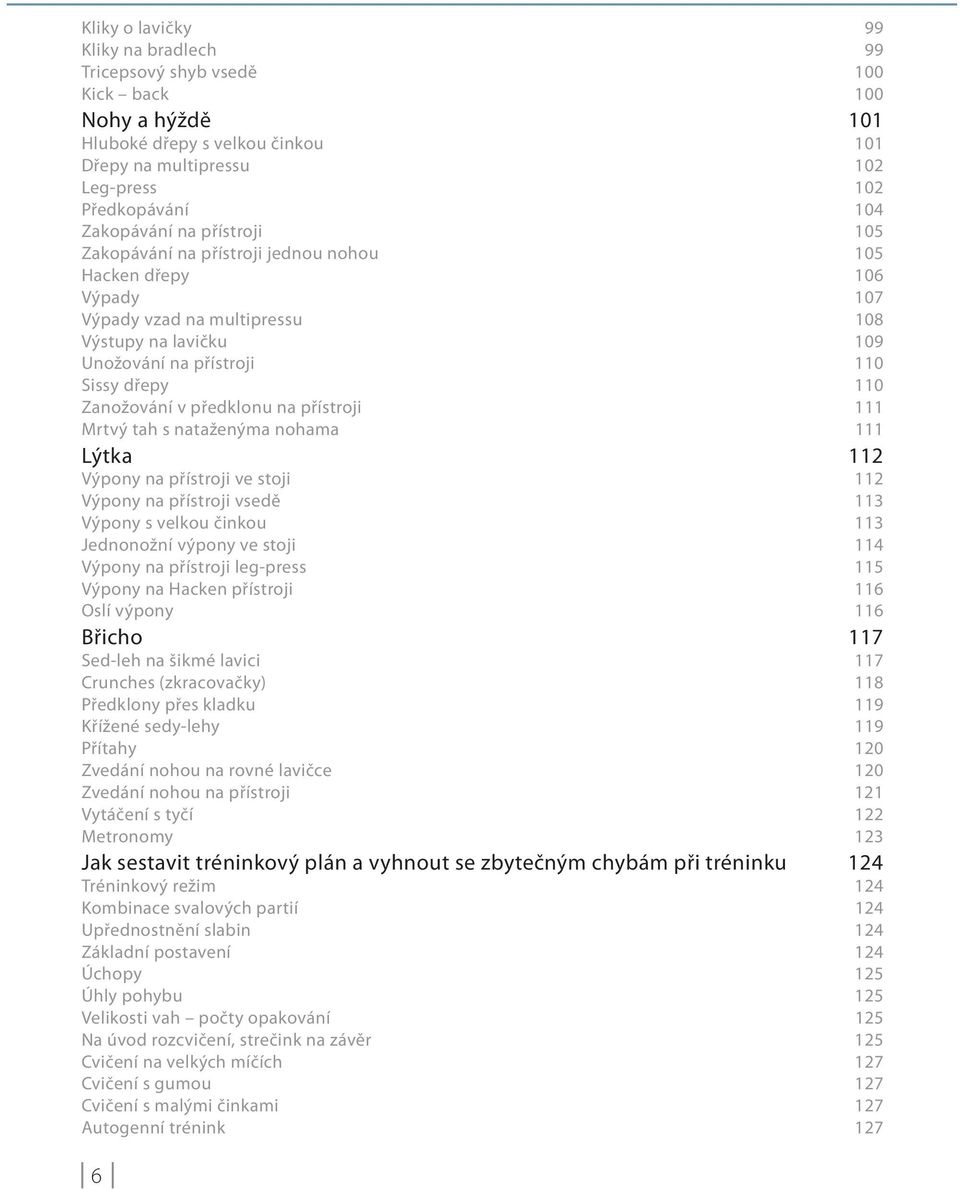 předklonu na přístroji 111 Mrtvý tah s nataženýma nohama 111 Lýtka 112 Výpony na přístroji ve stoji 112 Výpony na přístroji vsedě 113 Výpony s velkou činkou 113 Jednonožní výpony ve stoji 114 Výpony