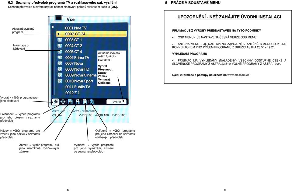 Oblíbené PŘIJÍMAČ JE Z VÝROBY PŘEDNASTAVEN NA TYTO PODMÍNKY OSD MENU - JE NASTAVENA ČESKÁ VERZE OSD MENU ANTENA MENU JE NASTAVENO ZAPOJENÍ K ANTÉNĚ S MONOBLOK LNB KONVERTOREM PRO PŘÍJEM PROGRAMŮ Z