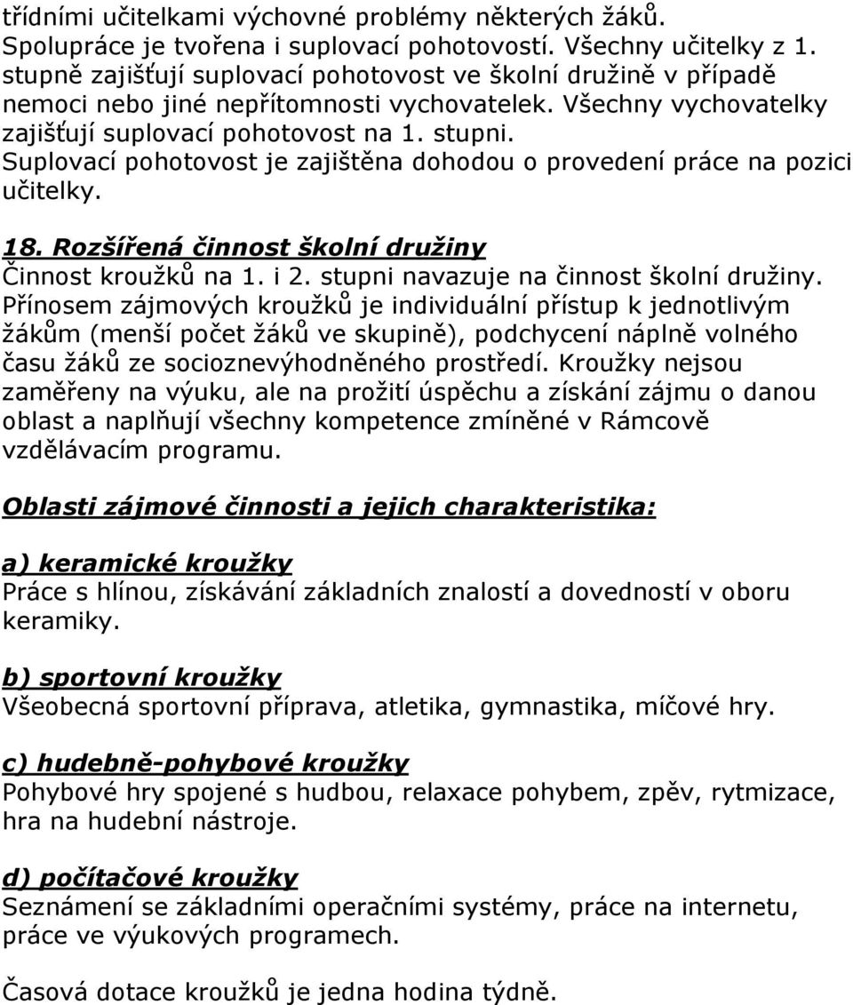 Suplovací pohotovost je zajištěna dohodou o provedení práce na pozici učitelky. 18. Rozšířená činnost školní družiny Činnost kroužků na 1. i 2. stupni navazuje na činnost školní družiny.