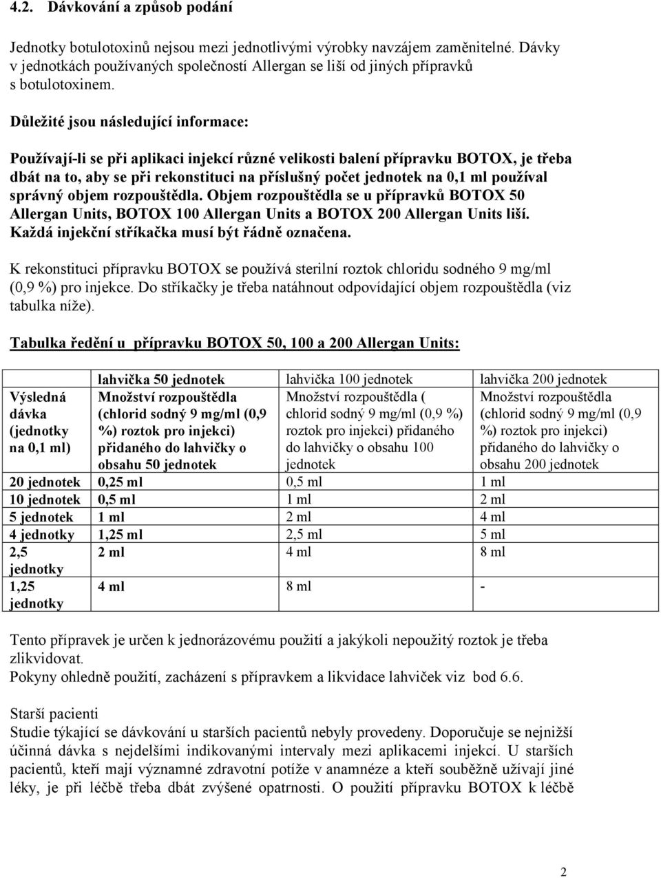 Důležité jsou následující informace: Používají-li se při aplikaci injekcí různé velikosti balení přípravku BOTOX, je třeba dbát na to, aby se při rekonstituci na příslušný počet jednotek na 0,1 ml