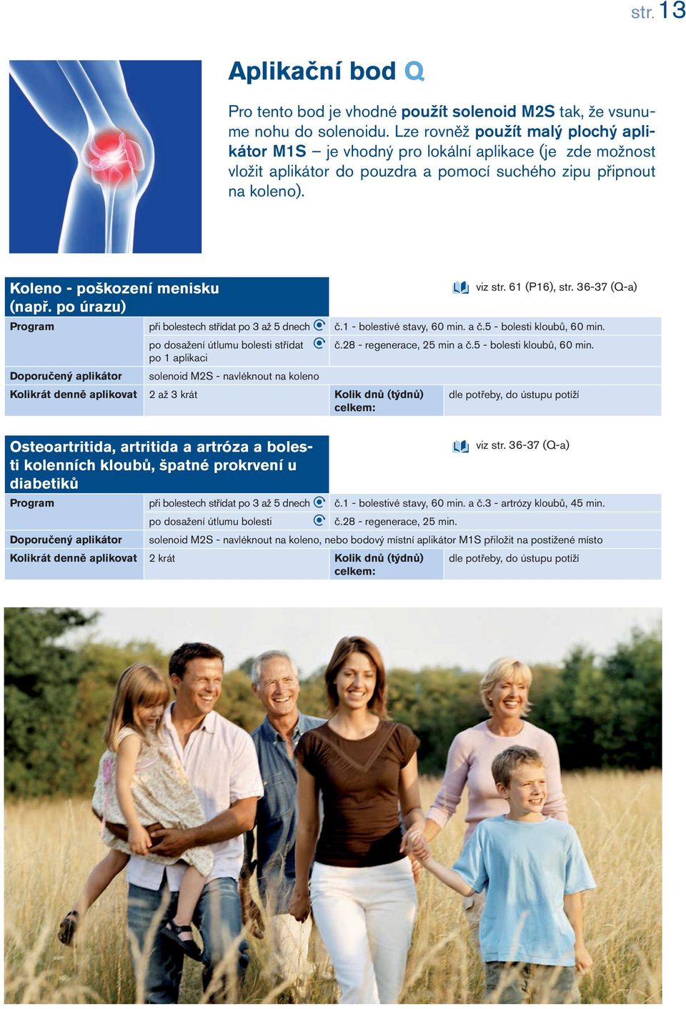 po úrazu) viz str. 61 (P16), str. 36-37 (Q-a) Program při bolestech střídat po 3 až 5 dnech č.1 - bolestivé stavy, 60 min. a č.5 - bolesti kloubů, 60 min. po dosažení útlumu bolesti střídat č.