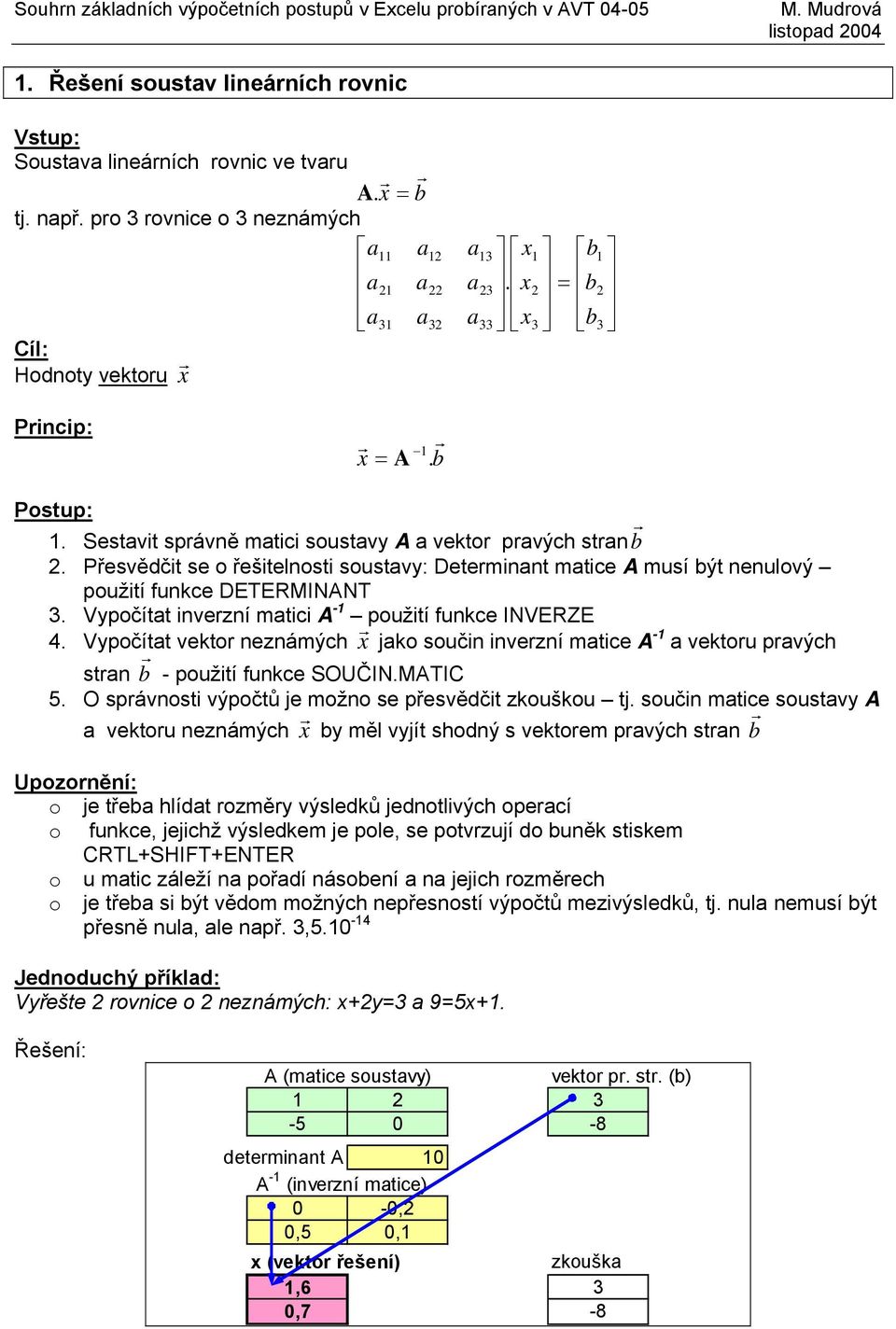 Přesvědčit se o řešitelnosti soustvy: Determinnt mtice A musí být nenulový použití funkce DETERMINANT 3. Vypočítt inverzní mtici A - použití funkce INVERZE 4.