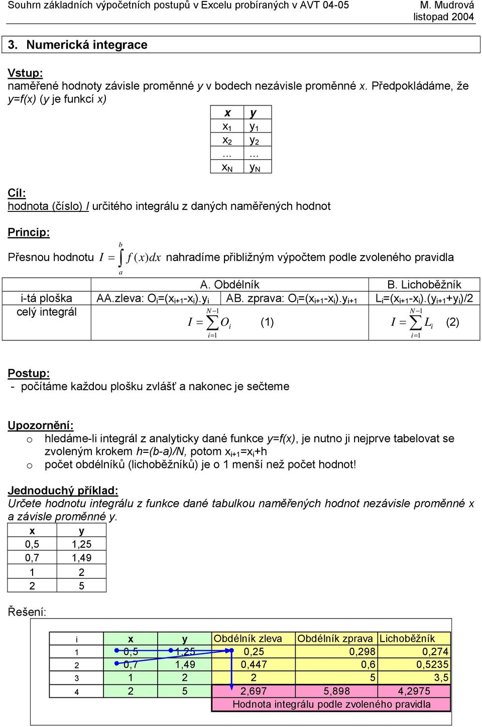 Obdélník B. Lichoběžník i-tá plošk AA.zlev: O i =( i+ - i ).y i AB. zprv: O i =( i+ - i ).y i+ L i =( i+ - i ).