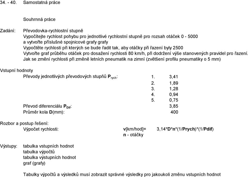 Vypočtěte rychlosti při kterých se bude řadit tak, aby otáčky při řazení byly 2500 Vytvořte graf průběhu otáček pro dosažení rychlosti 80 km/h, při dodržení výše stanovených pravidel pro řazení.