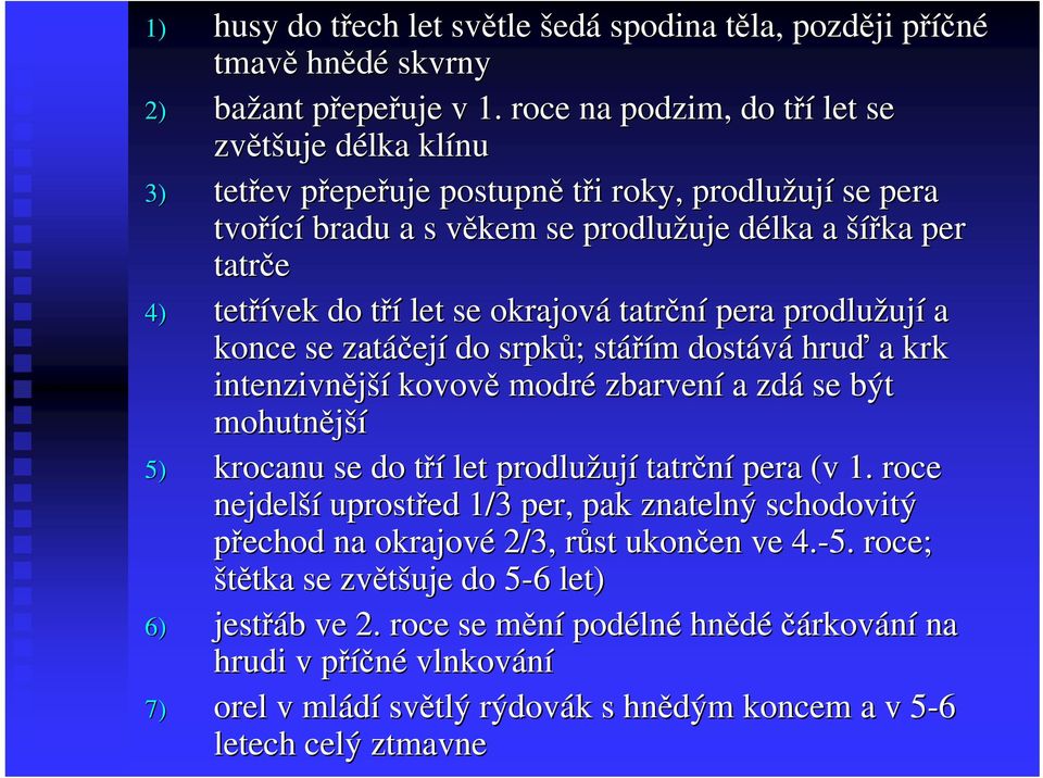 tetřívek do třít let se okrajová tatrční pera prodlužuj ují a konce se zatáčej ejí do srpků; ; stářím m dostává hruď a krk intenzivnější kovově modré zbarvení a zdá se být mohutnější 5) krocanu se do