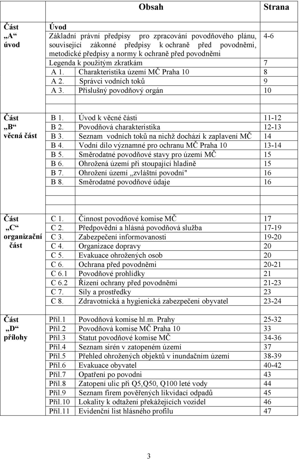 Povodňová charakteristika 12-13 B 3. Seznam vodních toků na nichţ dochází k zaplavení MČ 14 B 4. Vodní dílo významné pro ochranu MČ Praha 10 13-14 B 5. Směrodatné povodňové stavy pro území MČ 15 B 6.