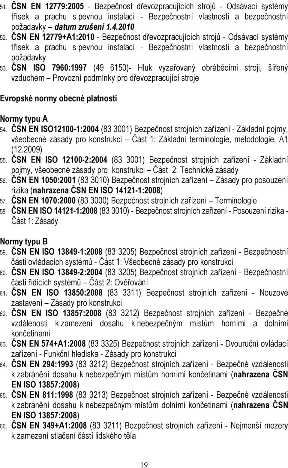 ČSN ISO 7960:1997 (49 6150)- Hluk vyzařovaný obráběcími stroji, šířený vzduchem Provozní podmínky pro dřevozpracující stroje Evropské normy obecné platnosti Normy typu A 54.