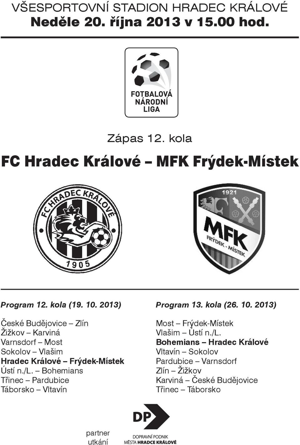 2013) České Budějovice Zlín Žižkov Karviná Varnsdorf Most Sokolov Vlašim Hradec Králové Frýdek-Místek Ústí n./l.