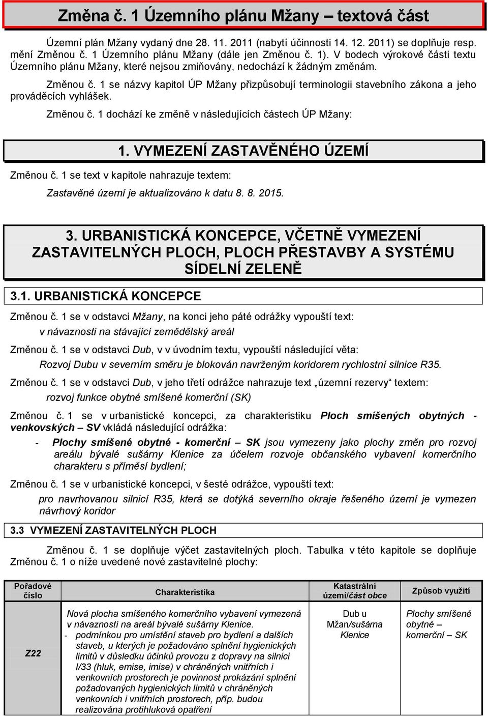 1 se názvy kapitol ÚP Mžany přizpůsobují terminologii stavebního zákona a jeho prováděcích vyhlášek. Změnou č. 1 dochází ke změně v následujících částech ÚP Mžany: 1.