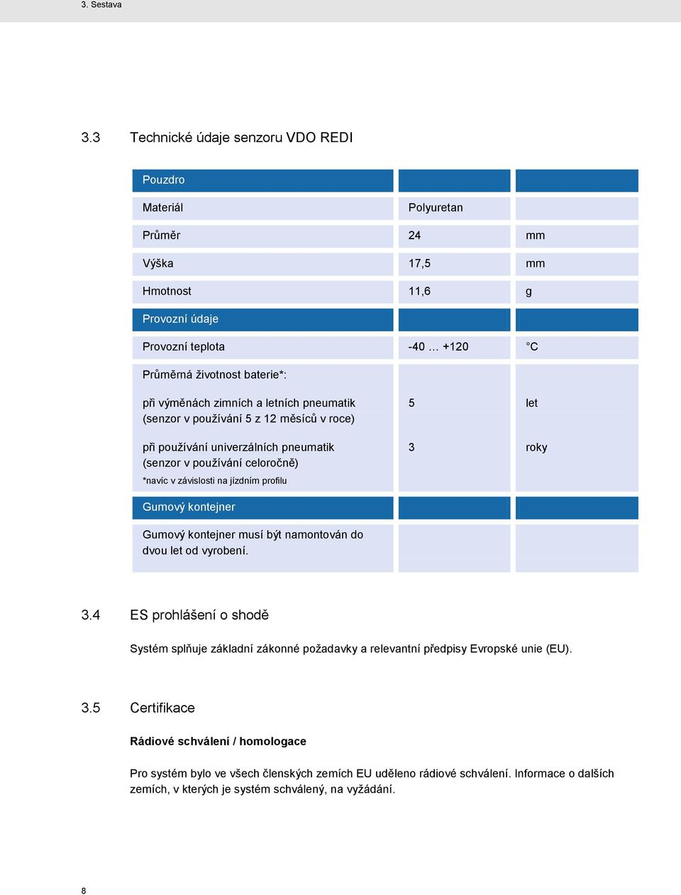 zimních a letních pneumatik (senzor v používání 5 z 12 měsíců v roce) při používání univerzálních pneumatik (senzor v používání celoročně) *navíc v závislosti na jízdním profilu Gumový