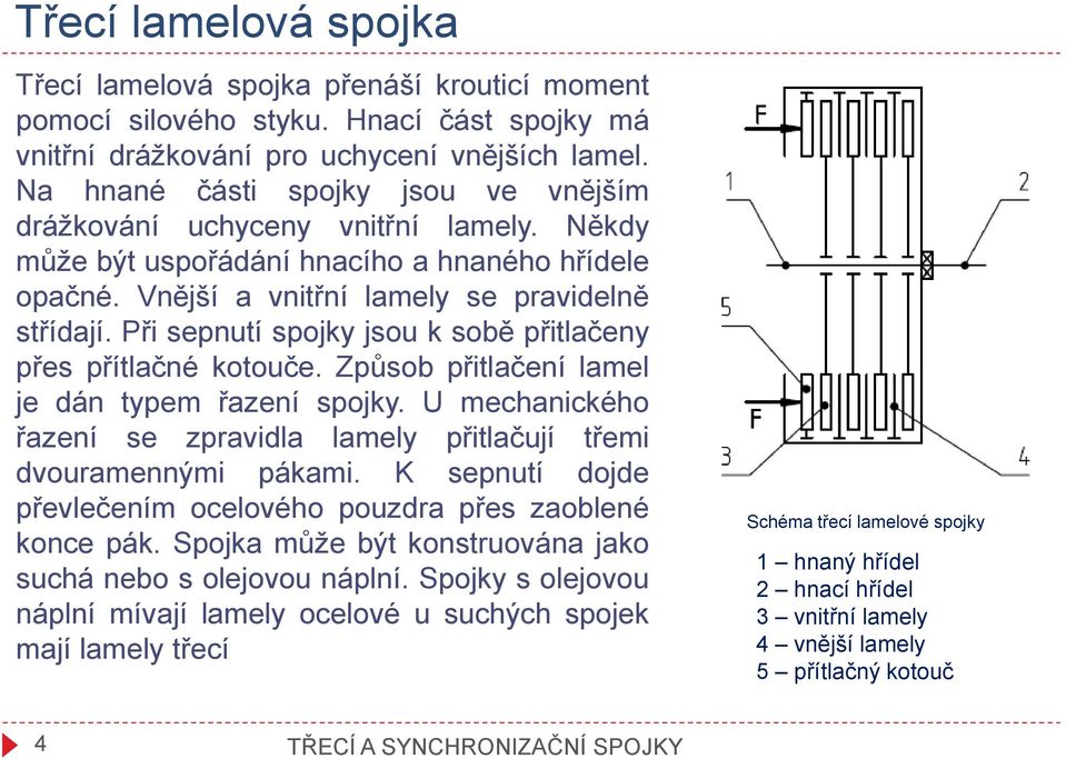 Při sepnutí spojky jsou k sobě přitlačeny přes přítlačné kotouče. Způsob přitlačení lamel je dán typem řazení spojky. U mechanického řazení se zpravidla lamely přitlačují třemi dvouramennými pákami.