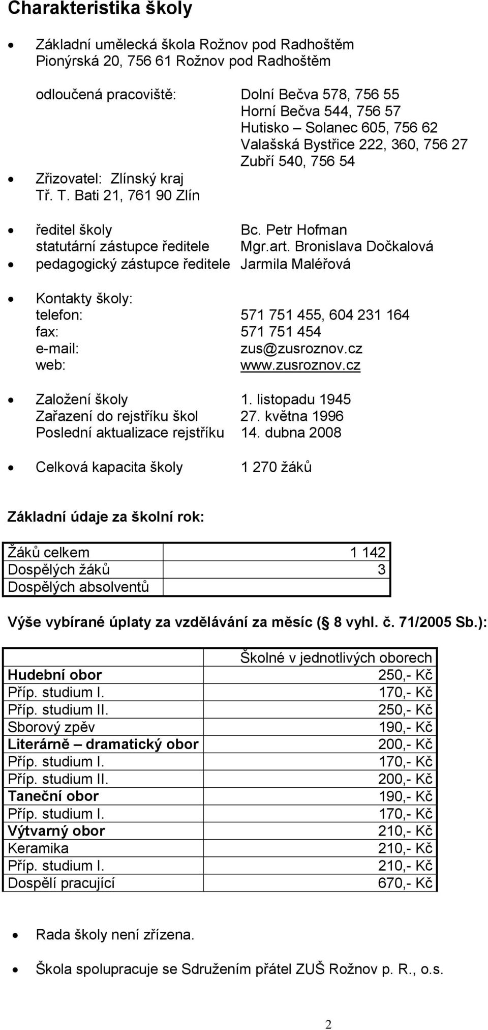 Bronislava Dočkalová pedagogický zástupce ředitele Jarmila Maléřová Kontakty školy: telefon: 571 751 455, 604 231 164 fax: 571 751 454 e-mail: zus@zusroznov.cz web: www.zusroznov.cz Založení školy 1.