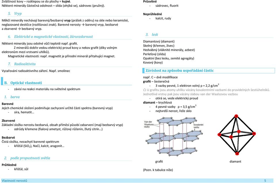 6. Elektrické a magnetické vlastnosti, žáruvzdornost Některé minerály jsou odolné vůči teplotě např. grafit.
