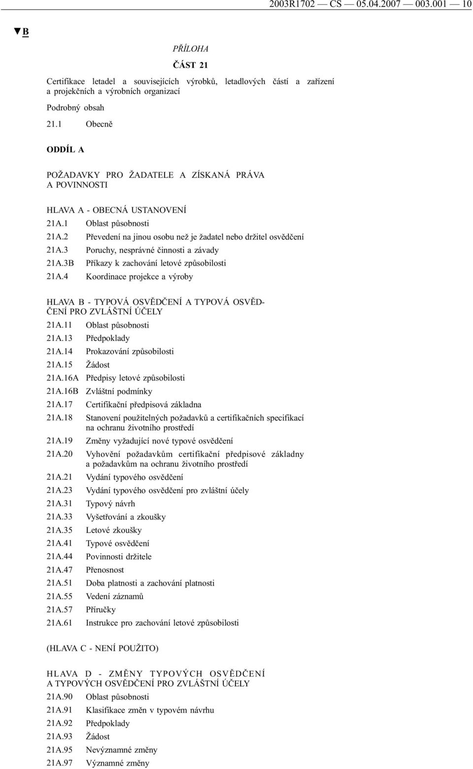 3 Poruchy, nesprávné činnosti a závady 21A.3B Příkazy k zachování letové způsobilosti 21A.4 Koordinace projekce a výroby HLAVA B - TYPOVÁ OSVĚDČENÍ A TYPOVÁ OSVĚD- ČENÍ PRO ZVLÁŠTNÍ ÚČELY 21A.