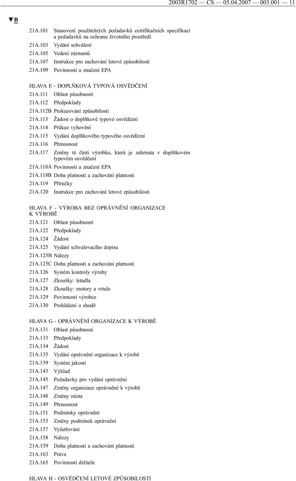 112B Prokazování způsobilosti 21A.113 Žádost o doplňkové typové osvědčení 21A.114 Průkaz vyhovění 21A.115 Vydání doplňkového typového osvědčení 21A.116 Přenosnost 21A.