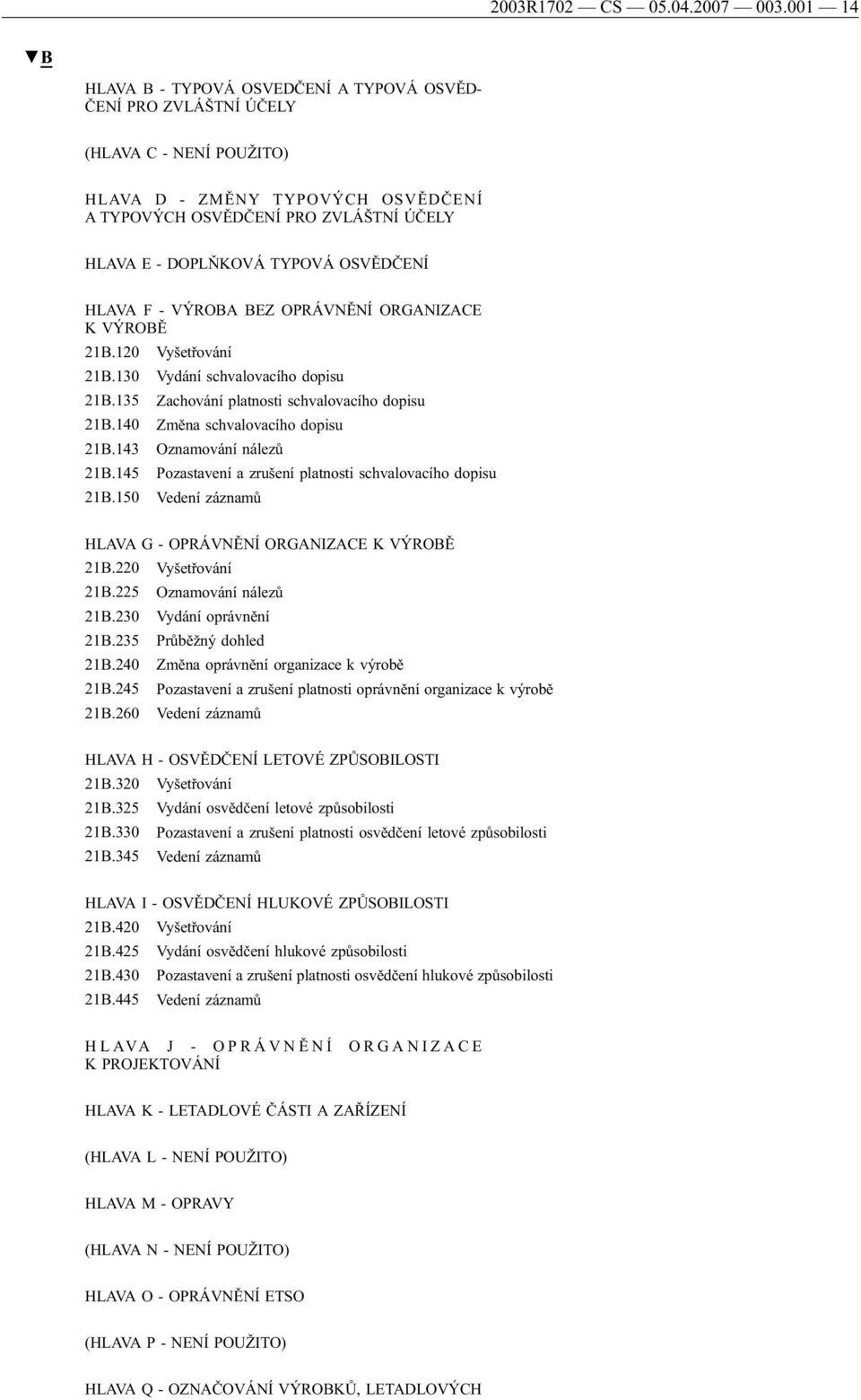 TYPOVÁ OSVĚDČENÍ HLAVA F - VÝROBA BEZ OPRÁVNĚNÍ ORGANIZACE K VÝROBĚ 21B.120 Vyšetřování 21B.130 Vydání schvalovacího dopisu 21B.135 Zachování platnosti schvalovacího dopisu 21B.