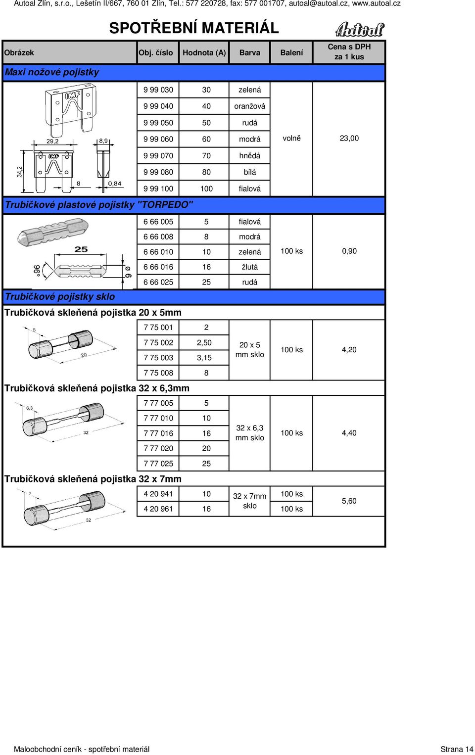 pojistka 20 x 5mm 7 75 001 2 volně 23,00 7 75 002 2,50 7 75 003 3,15 20 x 5 mm sklo 4,20 7 75 008 8 Trubičková skleňená pojistka 32 x 6,3mm 7 77 005 5 7 77 010 10 7 77 016