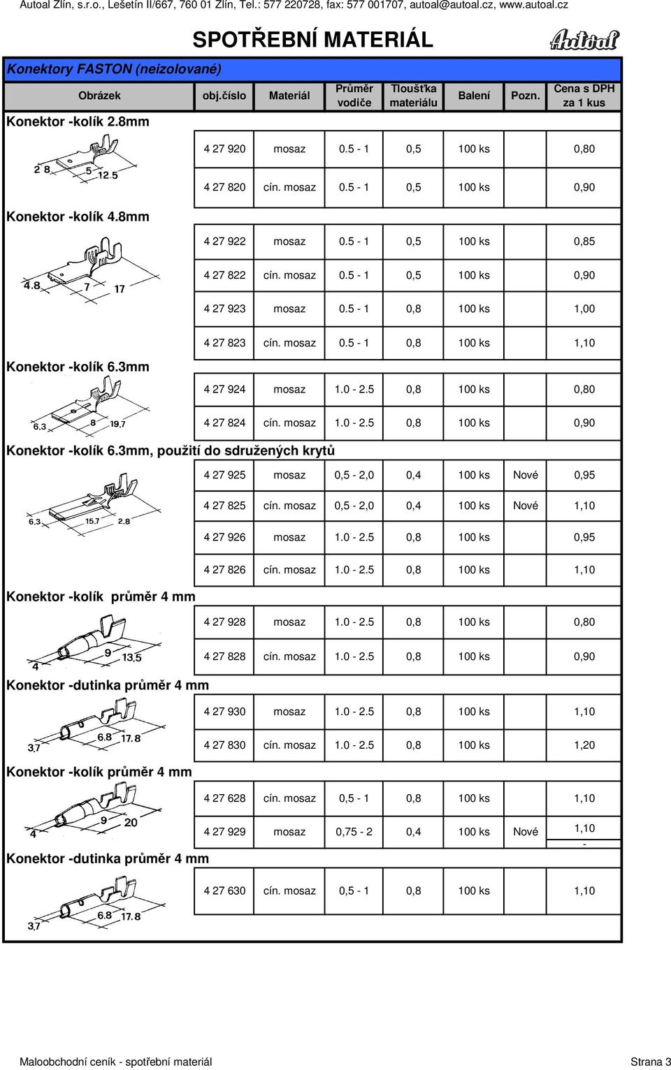 3mm, použití do sdružených krytů 4 27 925 0,5-2,0 0,4 Nové 0,95 4 27 825 cín. 0,5-2,0 0,4 Nové 4 27 926 1.0-2.5 0,8 0,95 4 27 826 cín. 1.0-2.5 0,8 Konektor -kolík průměr 4 mm 4 27 928 1.0-2.5 0,8 0,80 4 27 828 cín.