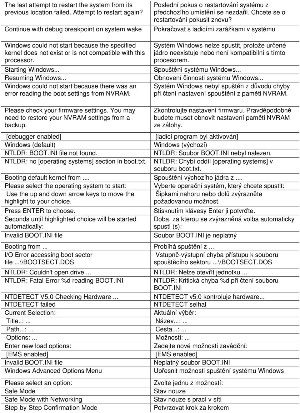 .. Windows could not start because there was an error reading the boot settings from NVRAM. Poslední pokus o restartování systému z předchozího umístění se nezdařil.