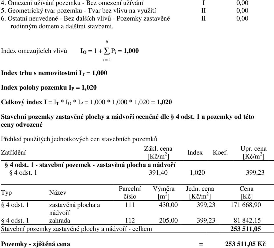 II 0,00 Index omezujících vlivů I O = 1 +Σ P i = 1,000 Index trhu s nemovitostmi I T = 1,000 Index polohy pozemku I P = 1,020 Celkový index I = I T * I O * I P = 1,000 * 1,000 * 1,020 = 1,020 6 i = 1