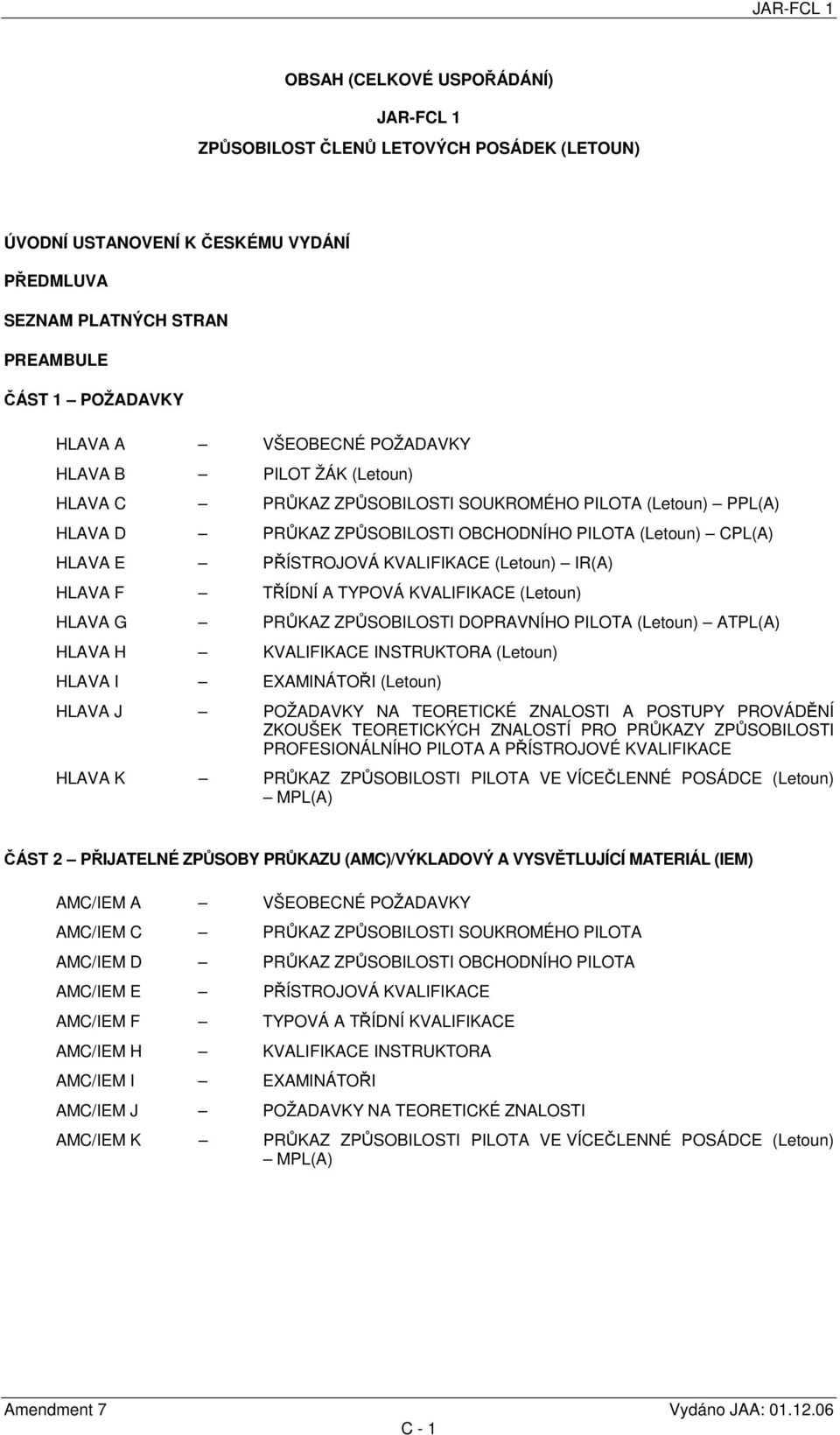 KVALIFIKACE (Letoun) IR(A) HLAVA F TŘÍDNÍ A TYPOVÁ KVALIFIKACE (Letoun) HLAVA G PRŮKAZ ZPŮSOBILOSTI DOPRAVNÍHO PILOTA (Letoun) ATPL(A) HLAVA H KVALIFIKACE INSTRUKTORA (Letoun) HLAVA I EXAMINÁTOŘI