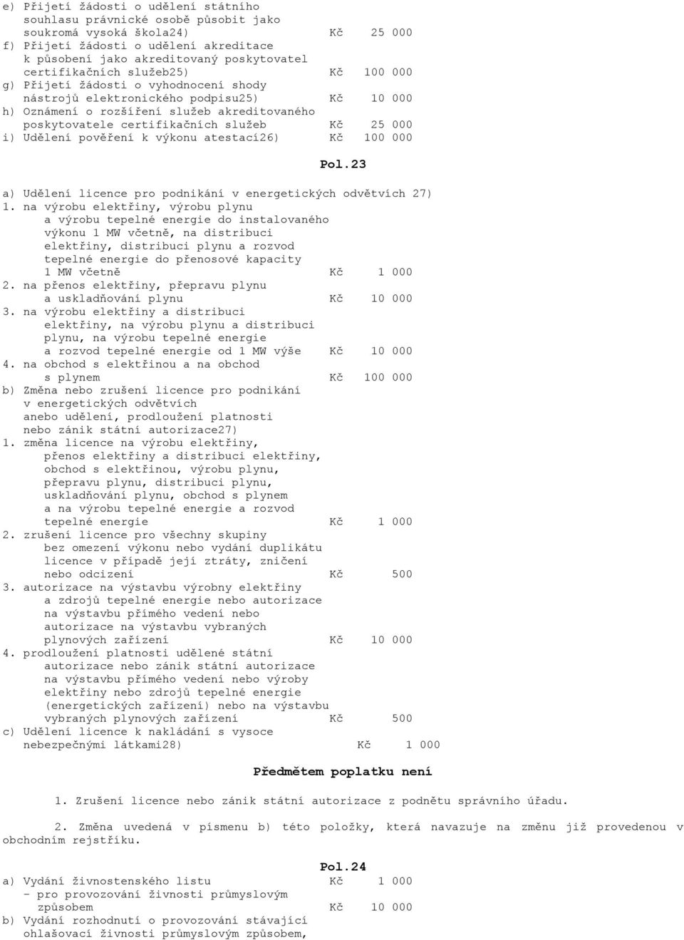 služeb Kč 25 000 i) Udělení pověření k výkonu atestací26) Kč 100 000 Pol.23 a) Udělení licence pro podnikání v energetických odvětvích 27) 1.