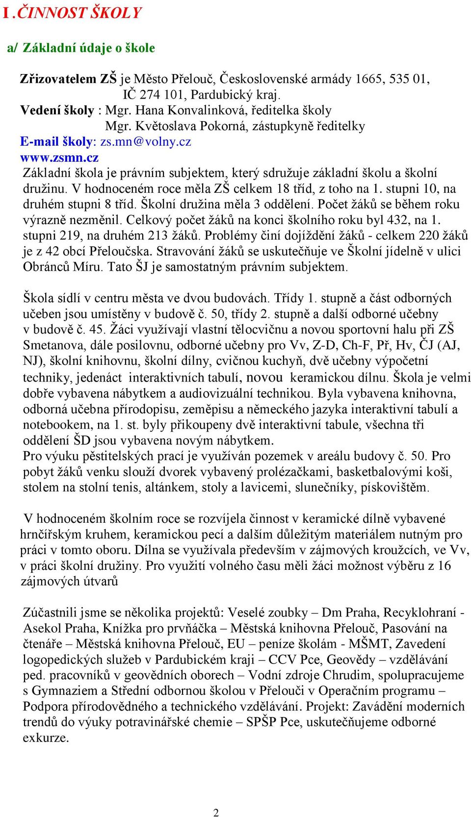 V hodnoceném roce měla ZŠ celkem 18 tříd, z toho na 1. stupni 10, na druhém stupni 8 tříd. Školní družina měla 3 oddělení. Počet žáků se během roku výrazně nezměnil.