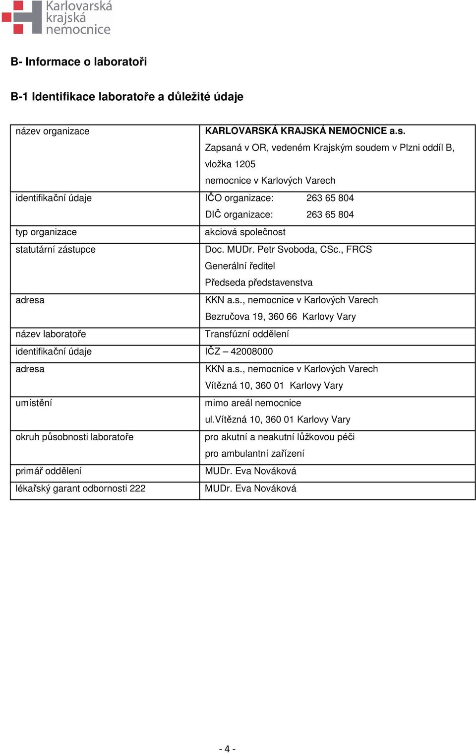 společnost statutární zástupce Doc. MUDr. Petr Svoboda, CSc., FRCS Generální ředitel Předseda představenstva adresa KKN a.s., nemocnice v Karlových Varech Bezručova 19, 360 66 Karlovy Vary název laboratoře Transfúzní oddělení identifikační údaje IČZ 42008000 adresa KKN a.